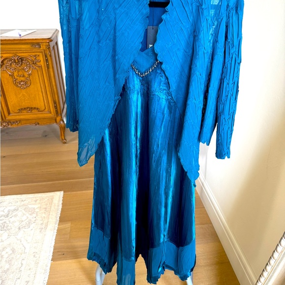 KOMAROV Designer V-neck Midi Cocktail Formal Dress Peacock Blue - Picture 2 of 11